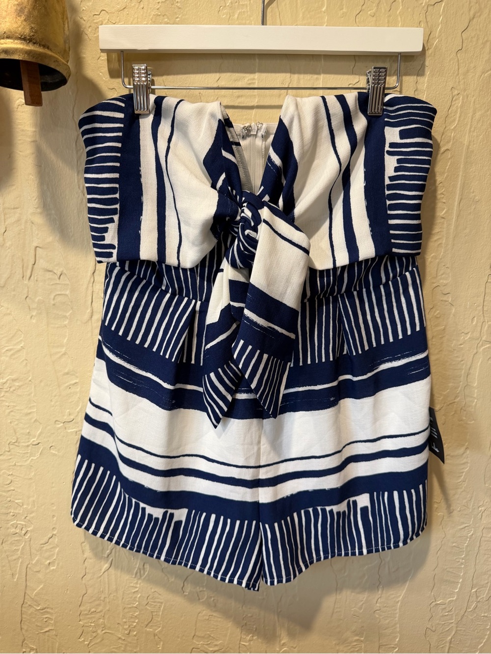Lulu's Navy and White Strapless Tie-Front Camisole Romper